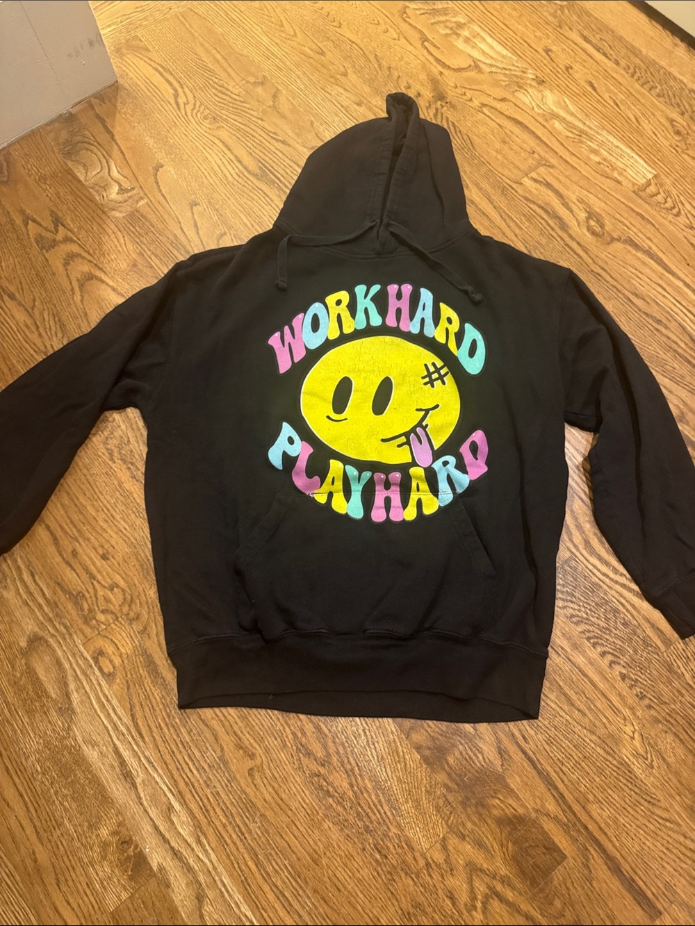 Fashion Nova Black Hoodie with Yellow Smiley and Pastel Lettering